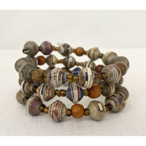Rolled Paper Bead Wrap Bracelet Layered Wire Boho Chunky Multicolor Gold Tone